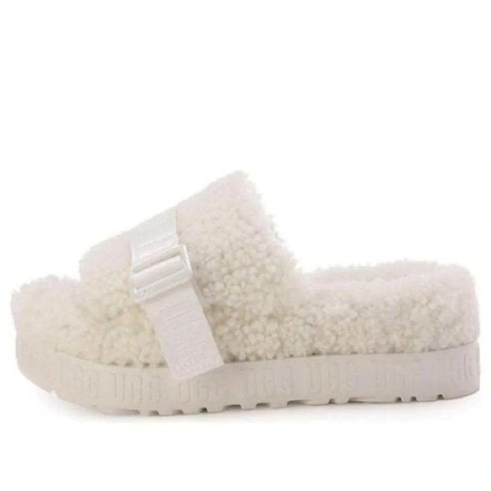 NWOB UGG Fluffita Curly Sheepskin Ivory Logo Strap Platform Slides Sz 7 - Picture 2 of 5